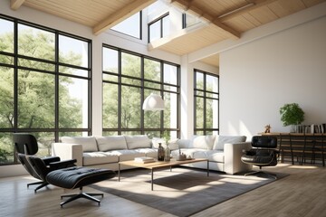 Spacious Clean Modern Living Room Interior with Stylish Furniture and Wood Accent Ceiling