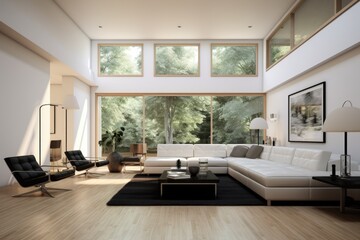 Stylish White Modern Loft Interior with White Sofa on A Black Area Rug with Wall Art and High Ceilings