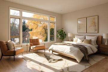 Interior Design Stylish Primary Bedroom Interior with Wall Art and Two Accent Chairs and White Bedding