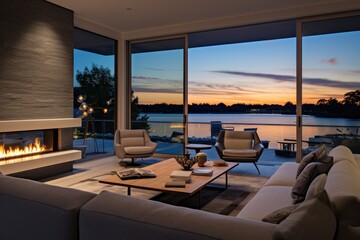 Luxury Spacious Family Room Interior with Modern Low Profile Sofa and Sleep Wood Coffee Table and Sunset Views Over Lake
