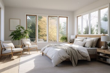 Calm White Scandinavian Primary Bedroom Interior with Indoor Tree and Styled Night Stand in Fall