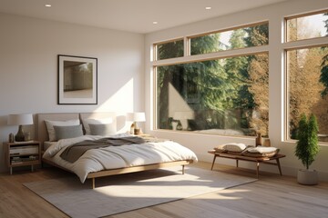Naklejka na ściany i meble White Minimal Modern Bedroom Interior with Two Night Stands and Light Area Rug