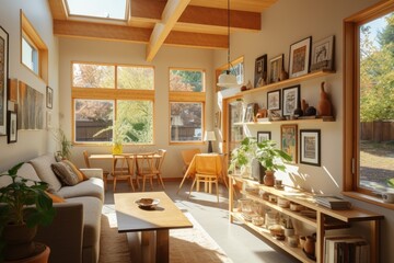 Fototapeta premium Lived in Bright Cozy Apartment Living Room with House Plants on Console Table and Sustainable Wood Accents