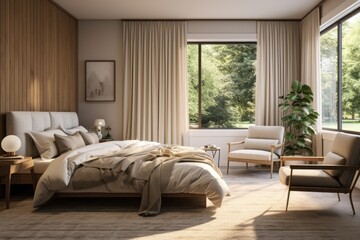 Natural Clean Primary Bedroom Interior with A Wood Accent Wall and Light Filtering Beige Curtains and Lush Forest Summer Views