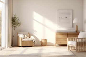 Earthy Minimal Modern Room Interior with Wood Console Table and Table Lamp. Rattan Lounge Chair with White Cushions and Olive Tree in Corner with Copyspace