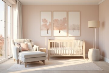 Serene Pastel Pink Baby Nursery Interior with Floor Lamp and Linen Lounge Chair with Sunlight Hitting Crib