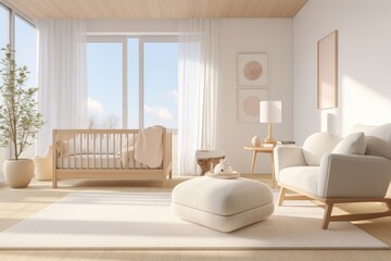 Fototapeta na wymiar Zen Baby Nursery with Neutral Aesthetic and Sustainable Wood Crib and Comfy Accent Chair with Wood Accent Ceiling