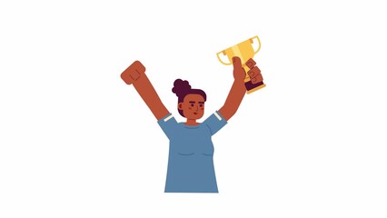 Sports woman with trophy cup 2D character animation. Celebrating flat cartoon 4K video, transparent alpha channel. African american female athlete holding award animated person on white background - Powered by Adobe