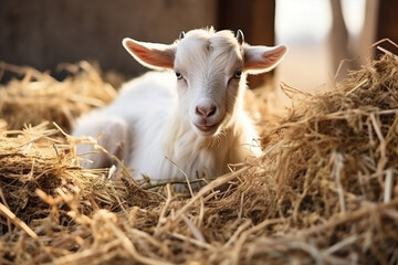 Obraz premium Rural green baby animals cute farming sun domestic landscape grass goat