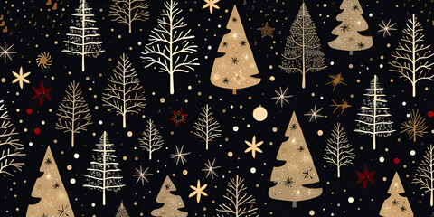 Seamless pattern with different Christmas trees, Vector seamless pattern with hand drawn ink gold glitter textured brush strokes. Christmas trees forest, generative Ai