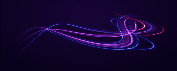 Mystical speed stripes, glitter effect. Neon lines of speed and fast wind. Glow effect, powerful energy. cyber futuristic divider border, purple and blue laser beam isolated. Glow effect, energy.