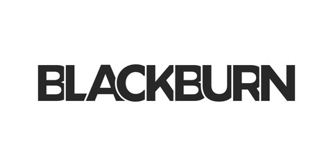 Blackburn city in the United Kingdom design features a geometric style illustration with bold typography in a modern font on white background.