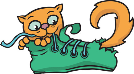 Cartoon: niedliche, orange Katze versteckt sich verspielt in einem kaputten Schuh und kaut auf dem Schnürsenkel