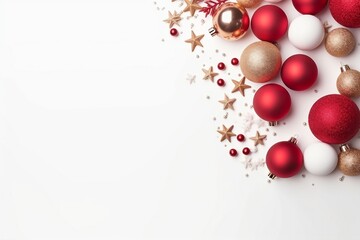 Christmas composition. Christmas red and golden decorations on white background. Flat lay, top view, copy space. generative ai.