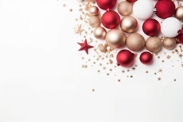 Christmas composition. Christmas red and golden decorations on white background. Flat lay, top view, copy space. generative ai.