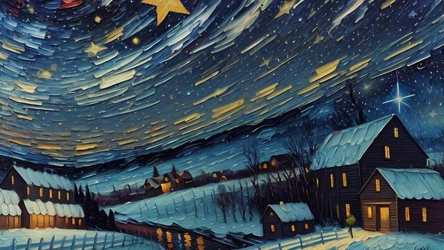 Countryside landscape at night impressionist painting. Village with night lights, houses and beautiful starry sky. Animation with image transformations and metamorphose. AI generated video