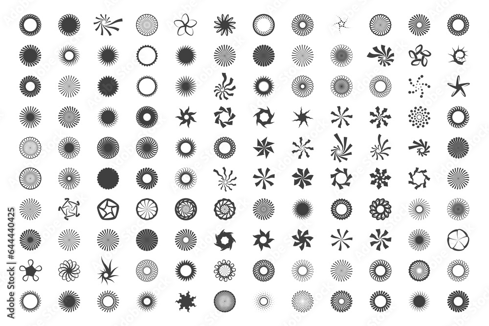 Poster spiral and swirl motion twisting circles design element set.