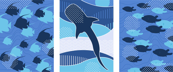 Vector whaleshark banner. Abstract sealife print with bannerfish and pufferfish. Undersea wall art poster set. Underwater creature vertical card design.