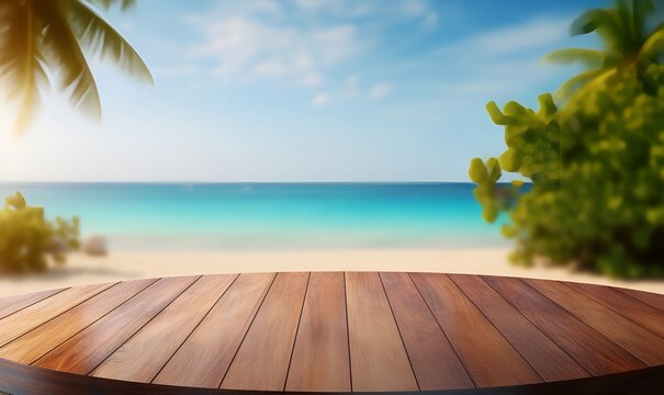 Focus wooden table with bright sky, sea beach background, AI generative