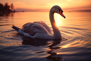 Beautiful swan swimming on a lake at sunset, a stunning seascape