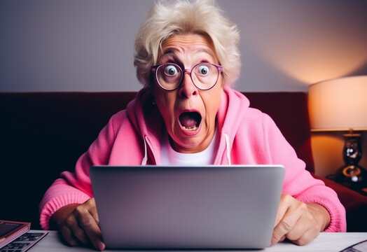 Shocked And Surprised Elderly Woman On The Internet With Laptop Computer