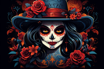 La Catrina dia de muertos Figur mit Maske / Make-up. Dekoriert mit Blumen. Tag der Toten in Mexico. Querformat. Generative Ai.