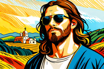 jesus christ in the sermon on the mount van gogh style, wearing sunglasses, detail design, colorful, contour, white background