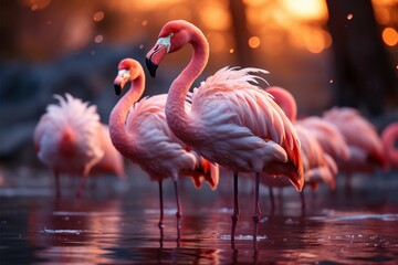 Flamingos in serene waters, reflections below, natures elegant ballet