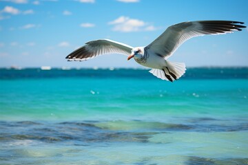 Fototapeta na wymiar Gliding seagull, sunny sea vista, wings grace the azure expanse