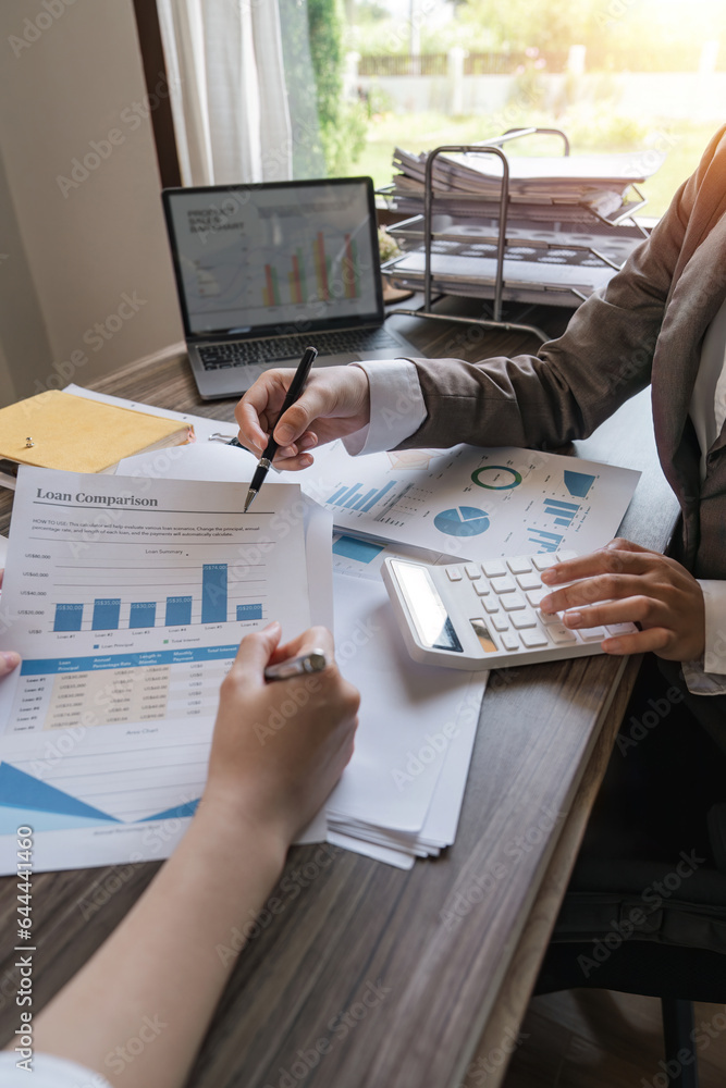 Aufkleber close up of business team analysis and calculate chart and graph showing change and growth on the fi