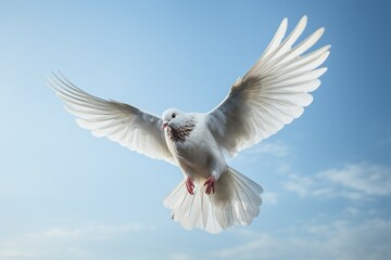 Homing pigeon with pristine white feathers soars through the skies