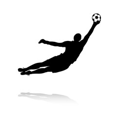 Football Soccer player silhouette with ball. Goalkeeper. High quality isolated Logo. Sport player shooting on white background. Vector illustration