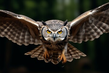Majestic owl soars with outstretched wings in a captivating close up