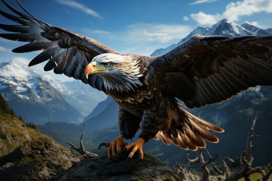 Majestic eagle takes flight in a breathtakingly azure and serene sky