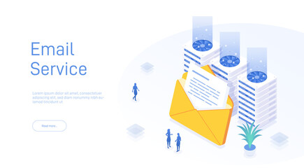 Email service concept. Electronic mail message as business marketing. Newsletter sending mobile service layout or webmail. Web banner template. Email isometric vector illustration.