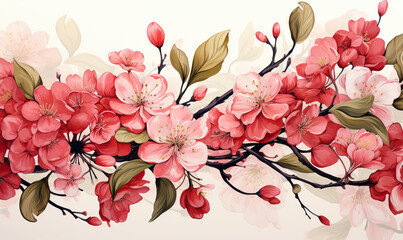 Drawn, branch with red flowers on a white background.