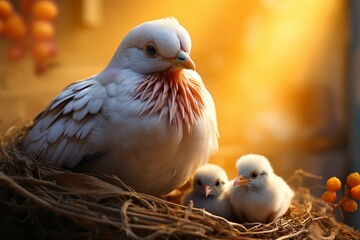 Obraz premium Patient mother pigeon stands watch, awaiting the return of her young