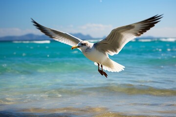 Fototapeta premium Seagull in flight, sunny ocean backdrop, a coastal avian ballet