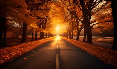 quiet country road with trees on the side of the road with orange fall leaves and sunset, ai generative