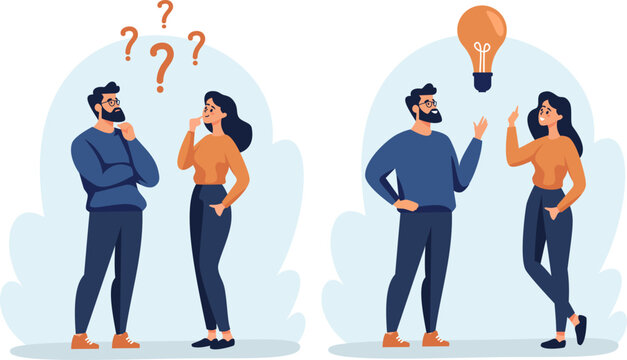 Flat vector illustration. A woman and a man are discussing issues, thinking about making a decision, coming up with an idea. The concept of finding the right solution and idea. Vector illustration