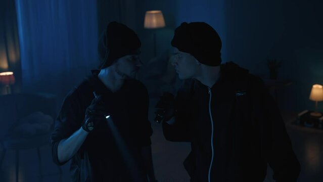 Video of two burglars, intruders, looking down at the owner, tenant of the house, peacefully slepping on the couch. Men wonder what to do with the woman.