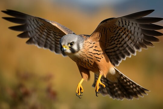 Scenic view of a male kestrel in flight against a blurred backdrop
