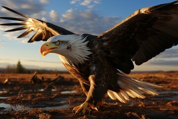Sunlit field frames a close up of a powerful and regal eagle