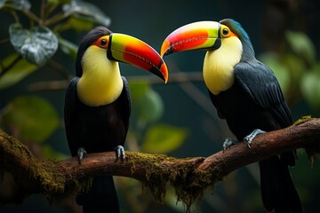 Naklejka premium Toucan perched on a branch amidst lush forest greenery