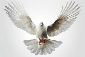 White dove in mid air flight, wings gracefully outstretched, isolated on white