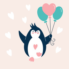 Cute funny penguin with balloons. Simple baby vector illustration. Bird south pole.Character isolated on white background