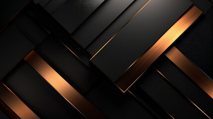 Shiny black and copper metal steel overlap stripes design, abstract luxury background with copy space.