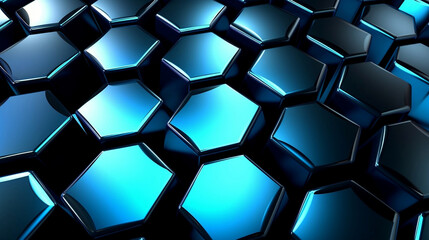 Shiny polygon blocks surface, futuristic metalic blue hive, science technology and digital concept abstract background.