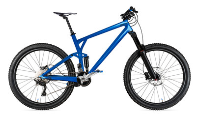 modern blue enduro carbon all mountain bike with full supsension and aluminum wheels. fully mountainbike for offroad bicycle extreme sport isolated white background