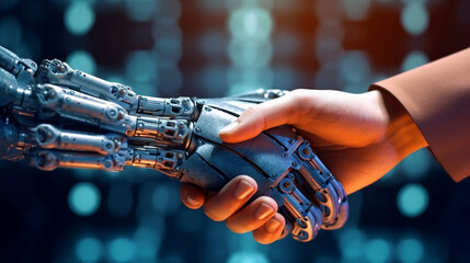 Handshaking between AI rotbot and human female hand, artificial intelligence innovation technology concept illustration hi tech background. - obrazy, fototapety, plakaty